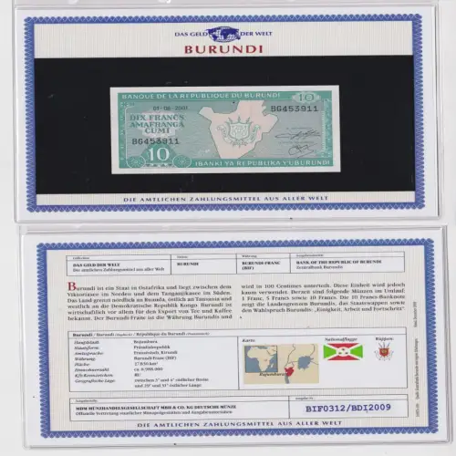 10 Francs Banknote Burundi 2001 kassenfrisch UNC (170098)