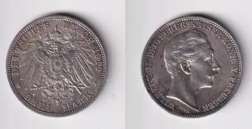 3 Mark Silbermünze Preussen Kaiser Wilhelm II 1910 A Jäger 103 ss (170142)