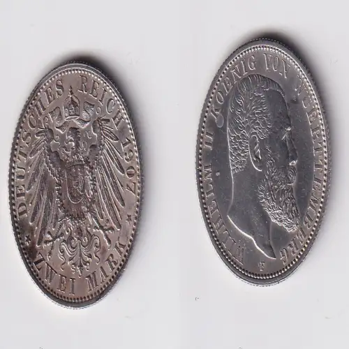 2 Mark Silber Münze Württemberg König Wilhelm II 1907 F ss (170245)