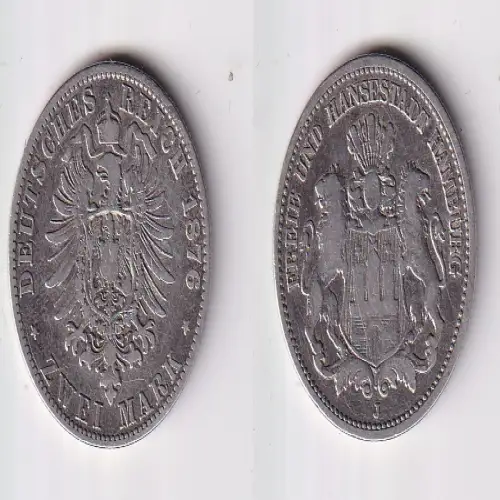 2 Mark Silbermünze Freie und Hansestadt Hamburg 1876 J s/ss (170597)
