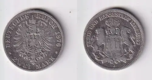 2 Mark Silbermünze Freie und Hansestadt Hamburg 1876 J s/ss (170597)