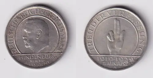 Silber Münze 3 Mark Verfassung "Schwurhand" 1929 A f.vz (170673)