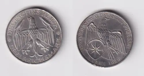 Silbermuenze 3 Mark Vereinigung Waldeck mit Preussen 1929 A f.vz (170714)