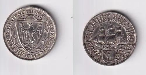 3 Mark Silber Münzen Hundert Jahre Bremerhaven 1927 A f.vz (170178)