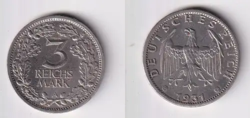 3 Mark Silber Münze Weimarer Republik Kursmünze 1931 A Jäger 349 ss+ (170030)