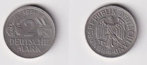 2 Mark Nickel Münze BRD Trauben und Ähren 1951 D f.vz (170214)