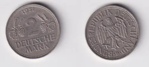 2 Mark Nickel Münze BRD Trauben und Ähren 1951 D f.vz (169422)