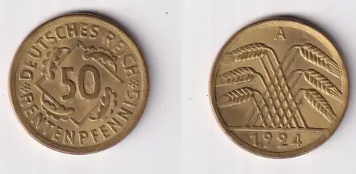 50 Rentenpfennig Messing Münze Weimarer Republik 1924 A Jäger 310 vz (168614)