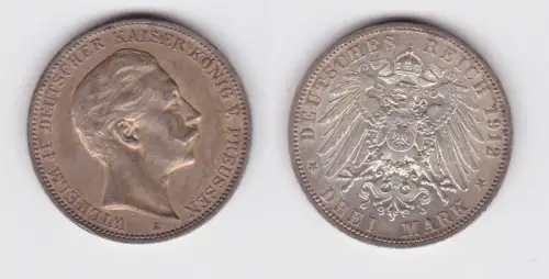 3 Mark Silbermünze Preussen Kaiser Wilhelm II 1912 A Jäger 103 ss+ (142692)