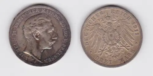 3 Mark Silbermünze Preussen Kaiser Wilhelm II 1911 A Jäger 103 ss+ (169668)