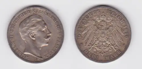 3 Mark Silbermünze Preussen Kaiser Wilhelm II 1910 A Jäger 103 ss+ (166685)