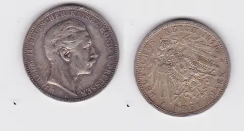 3 Mark Silbermünze Preussen Kaiser Wilhelm II 1910 A Jäger 103 ss+ (170765)