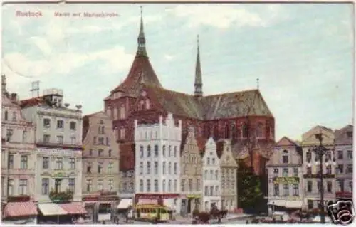 20981 Ak Rostock Markt mit Marienkirche 1912