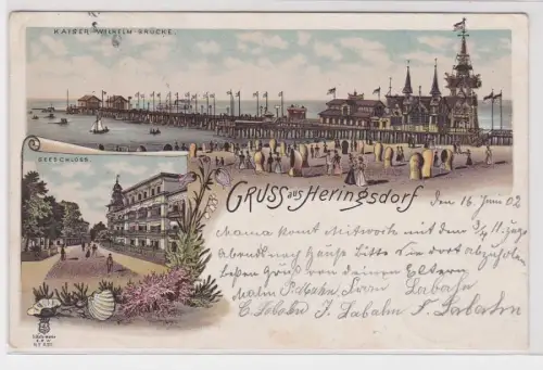 91066 AK Gruss aus Heringsdorf - Kaiser-Wilhelm-Brücke & Seeschloss 1902