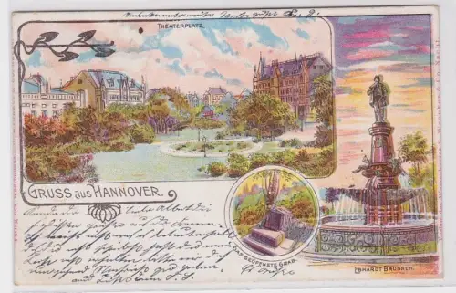 87278 AK Gruss aus Hannover - Theaterplatz, Ebhardt Brunnen geöffnetes Grab 1899