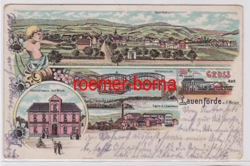 85705 Ak Lithographie Gruß aus Lauenförde an der Weser Bahnhof usw. 1924