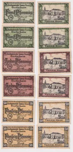 6 Banknoten Notgeld Gemeinde Tanna Reuß je 2 x 5, 10 & 50 Pfennig 1920 (158629)