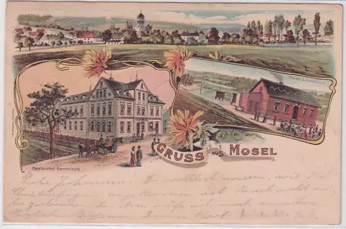 71927 Ak Lithographie Gruß aus Mosel Restaurant Gambrinus, Neues Schießhaus 1904
