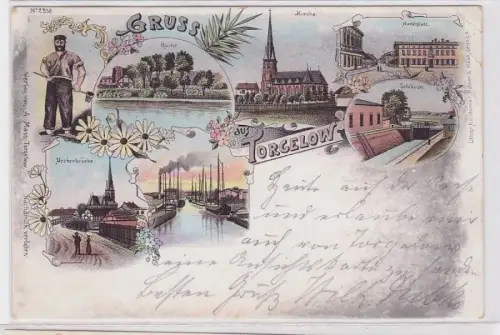 71702 Lithografie AK Gruss aus Torgelow - Ruine, Kirche, Schleuse & Markt 1898