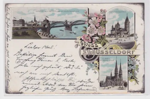 18960 AK Gruss aus Düsseldorf - Neue Rheinbrücke, St. Rochuskirche Bahnpost 1899
