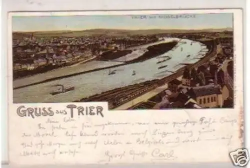34519 Ak Lithographie Gruß aus Trier Moselbrücke 1900