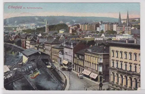 66180 AK Elberfeld mit Schwebebahn über Wupper und Stadtansicht, Bahnpost 1908