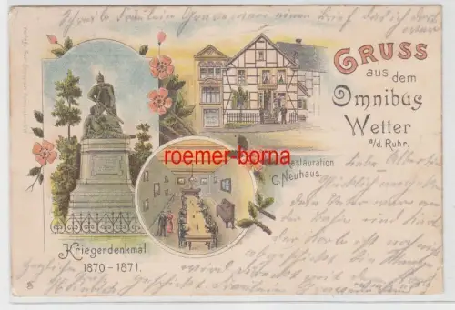 78285 Ak Lithographie Gruss aus dem Omnibus Wetter a.d. Ruhr Restauration 1900
