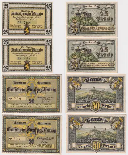 4 x Banknoten Notgeld Stadt Ranis in Thüringen 1921 (168727)
