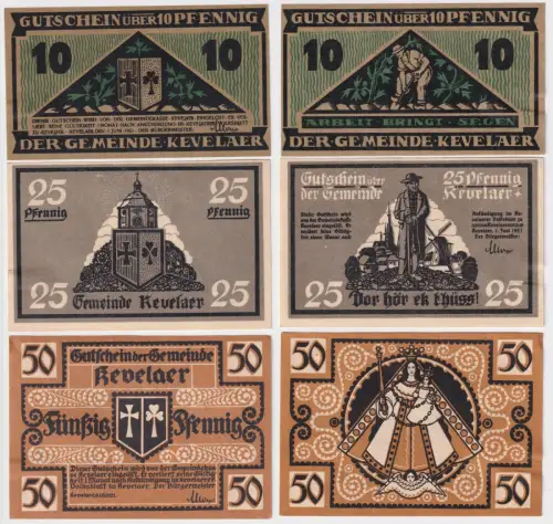 10, 25 & 50 Pfennig Banknoten Notgeld Stadt Kevelaer 1921 (168887)
