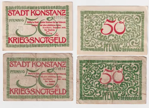 2 x 50 Pfennig Banknote Notgeld Stadt Konstanz 1918/1919 (168965)