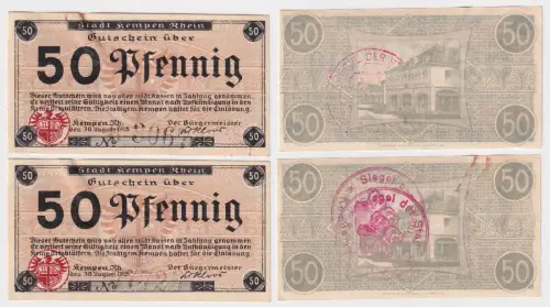 2 x 50 Pfennig Banknoten der Stadt Kempen Rhein 1918 (168888)
