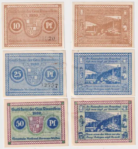 10,25 & 50 Pfennig Banknoten Notgeld Gemeinde Rauenstein 1920 (168801)