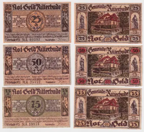 3 Banknoten Notgeld der Gemeinde Ritterhude 1921 (168804)