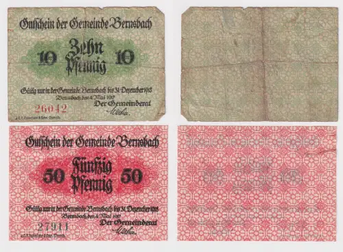 10 & 50 Pfennig Banknoten Notgeld Gemeinde Bernsbach 1917 (168954)