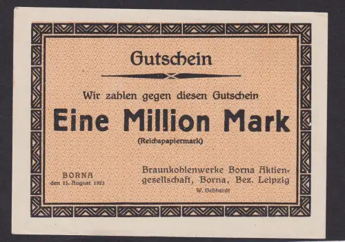 1 Million Mark Banknote Braunkohlenwerke Borna 15.8.1923 (107661)