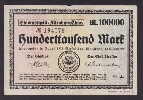 Banknote Inflation 100000 Mark Stadt Altenburg August 1923 (116021)