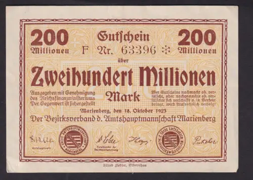 Inflation Banknote 200 Millionen Mark Marienberg 18.10.1923 (111829)