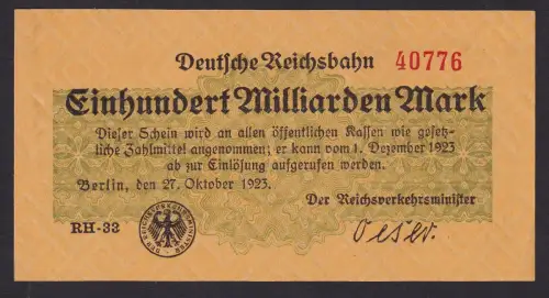 100 Milliarden Mark Banknote Reichsbahndirektion Berlin 27.10.1923 (109477)