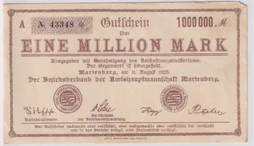 Inflation Banknote 1 Million Mark Marienberg 11.8.1923 (138544)