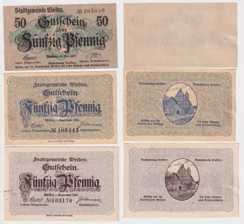 3 x 50 Pfennig Banknoten Notgeld Stadtgemeinde Weiden 1917/1918 (168944)