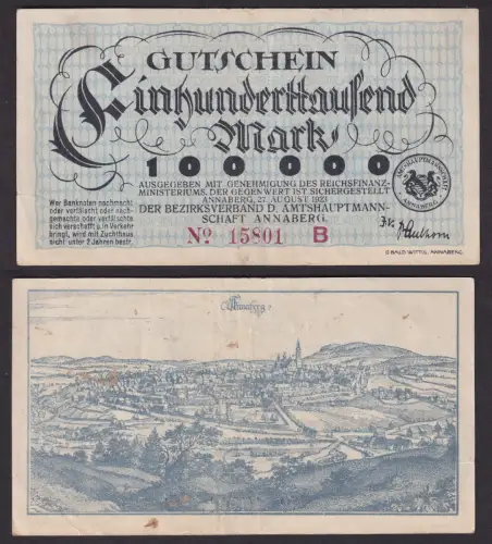100000 Mark Banknote Amtshauptmannschaft Annaberg 27.8.1923 (107743)