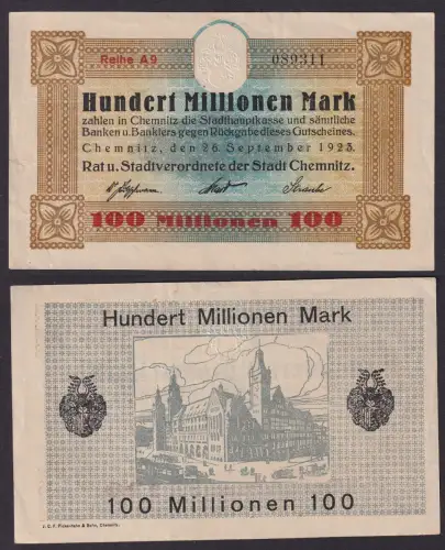 seltene Banknote Inflation Chemnitz 100 Millionen Mark 26.9.1923 (108448)