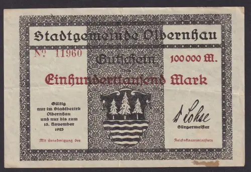 Banknote 100000 Mark Inflation Olbernhau 15.11.1923 (109886)