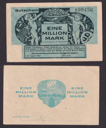 Banknote 1 Million Mark Notgeld Reichsverkehrsministerium Bayern 1923 (112285)