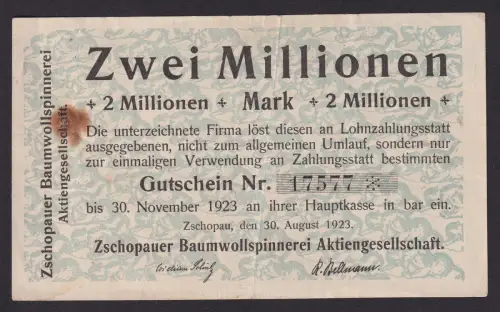 Banknote Inflation 2 Millionen Mark Zschopauer Baumwollspinnerei 1923 (119161)
