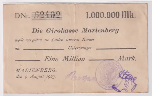 1 Million Mark Banknote Girokasse Marienberg 9.August 1923 (133595)