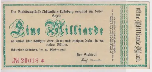 1 Milliarde Mark Banknote Inflation Lichtenstein Callnberg 19.10.1923 (146297)