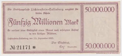 50 Millionen Mark Banknote Inflation Lichtenstein Callnberg 20.9.1923 (121923)