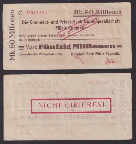 Banknote Inflation 50 Millionen Chemnitz 19.09.1923 (116046)