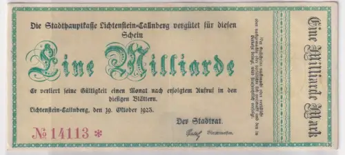 1 Milliarde Mark Banknote Inflation Lichtenstein Callnberg 19.10.1923 (122826)